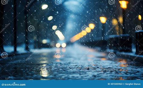 A Street Lights Are Shining On The Wet Road At Night Ai Stock