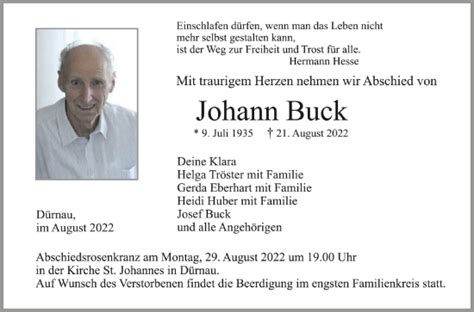 Traueranzeigen Von Johann Buck Schwaebische De Trauerportal