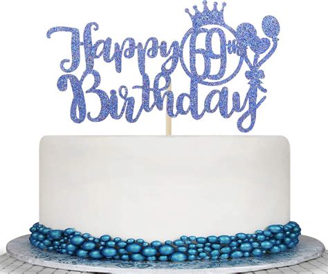 Blue Glitter Happy 69th Birthday Cake Topper Cheers To 69 Years Cake