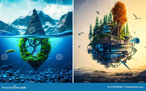 Three Different Images Of Floating Island With Trees And Water