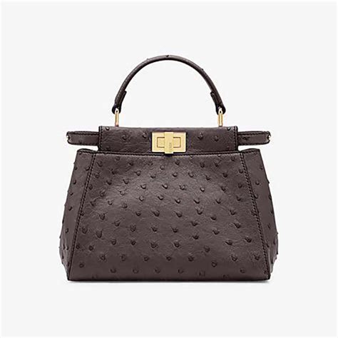 Fendi Women Peekaboo Iconic Mini Brown Ostrich Leather Bag