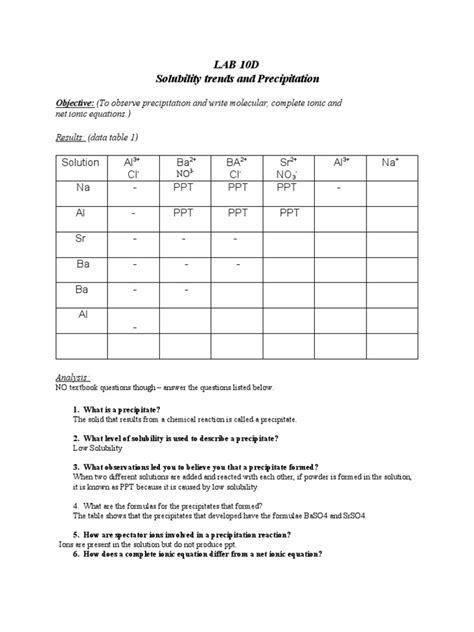 Recitation Worksheet Precipitation Rxns F23 Group Your Name