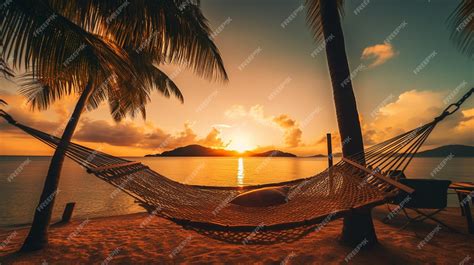 Premium AI Image | A hammock on a beach with a sunset in the background.