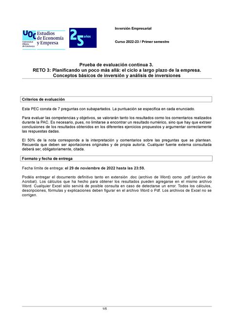 Pec Enunciado Pec Trimestre De Inversi N