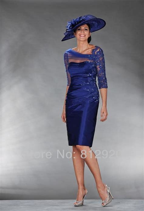 Made Navy Blue Lace Appliqued Knee Length Mother Of Bride Dress With