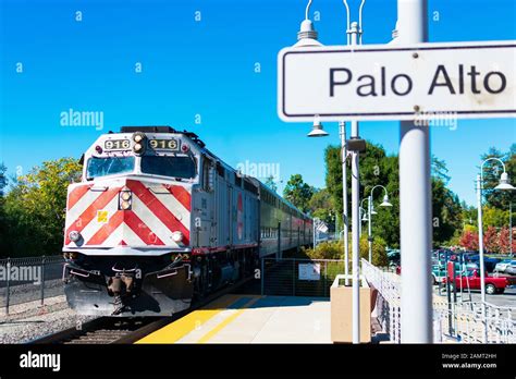 EMD F40PH diesel locomotive in Caltrain livery is approaching Palo Alto ...