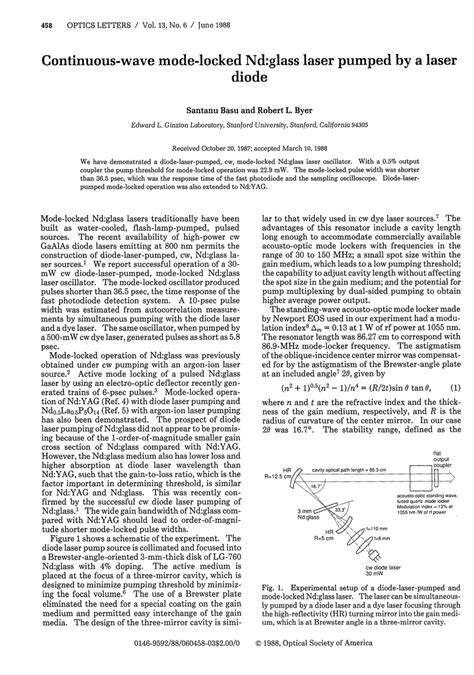 Pdf Continuous Wave Mode Locked Nd Glass Laser Pumped By A Laser Diode