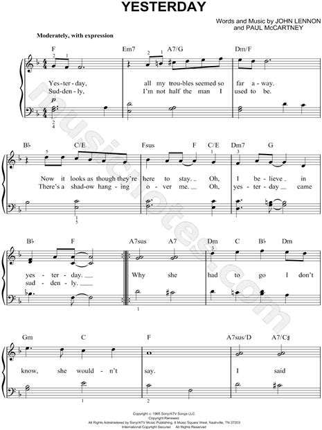 The Beatles Yesterday Sheet Music Easy Piano In F Major Transposable Download And Print