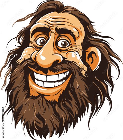 Whimsical Illustration Of A Bearded Caveman With A Gleaming Smile And