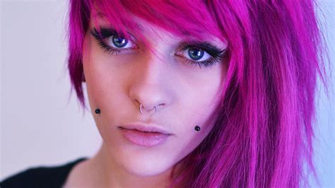 Nose Rings Purple Hair Dyed Hair Lips Closeup Women Piercing