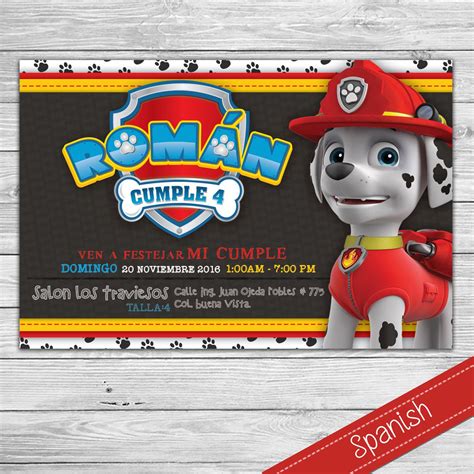 Invitacion Paw Patrol Patrulla De Cachorros Marshall Invitación Español Personalizada