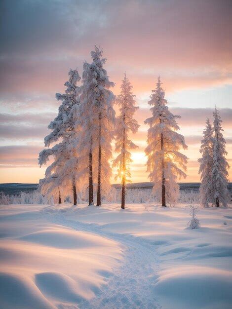 Paisagem nevada ao pôr do sol árvores congeladas no inverno em