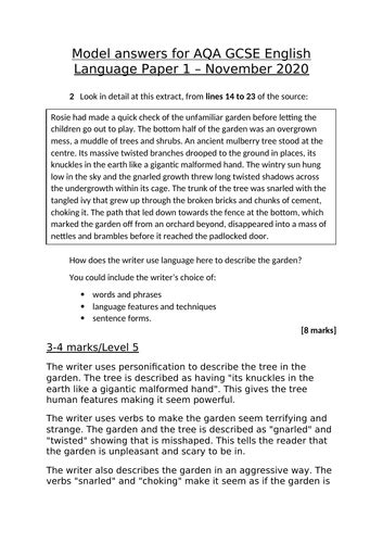 Levels 5 7 And 9 Model Answers Aqa Gcse English Language Paper 1 November 2020 Teaching