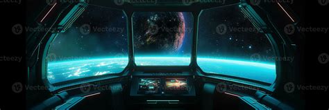 Dark Spaceship Interior With Glowing Blue And Red Lights Futuristic