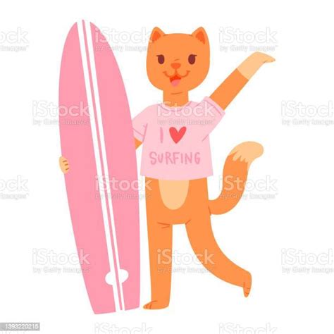 Surf Vector Cat Animal Surfer Character Surfing On Surfboard Ill Stock