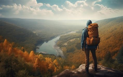 Caminante Con Una Mochila De Pie Al Borde De Un Acantilado Y Mirando El