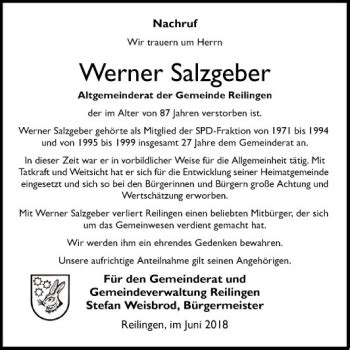 Traueranzeigen Von Werner Salzgeber Trauerportal Ihrer Tageszeitung