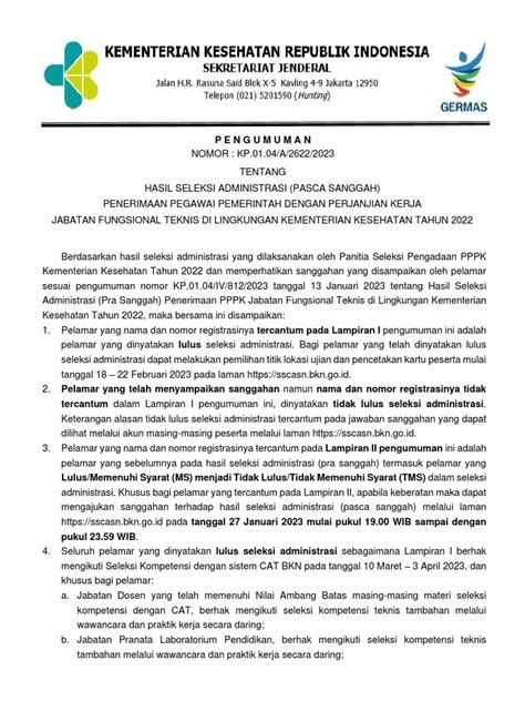 Pengumuman Hasil Seleksi Administrasi Pppk Teknis Pasca Sanggah Tahun