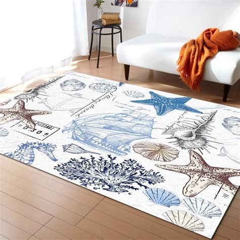 Coastal Nautical Beach Ocean Themed Area Rug Starfish Coral Seashell