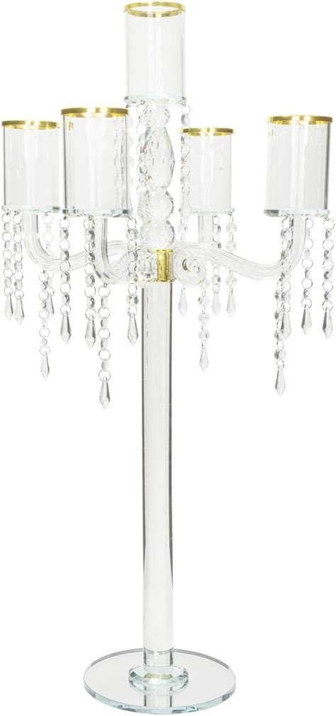 5 Arm Rimmed Glass Crystal Candle Holder For Parties Weddings And Special Events