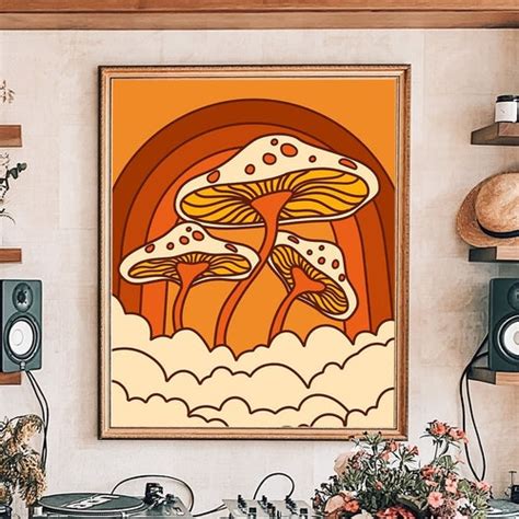 Mushroom Decor 70s Wall Art Mushroom Art Rainbow Decor Etsy