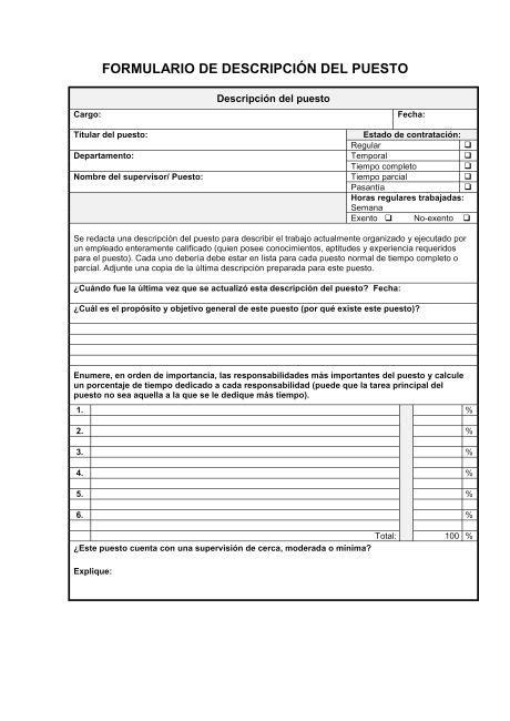 Formulario De Descripción Del Trabajo Modelos Y Ejemplo Gestion De Recursos