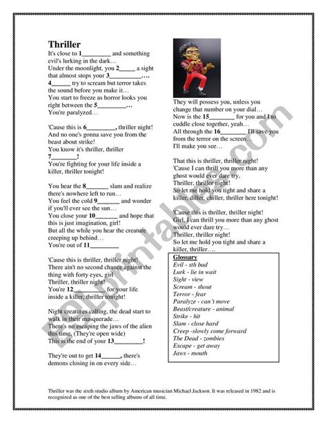 Thriller Michael Jackson Esl Worksheet By Janeka