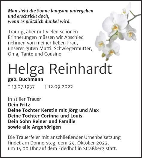 Traueranzeigen Von Helga Reinhardt Abschied Nehmen De