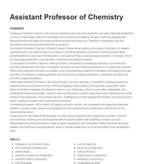 Assistant Professor Of Chemistry Resume Example