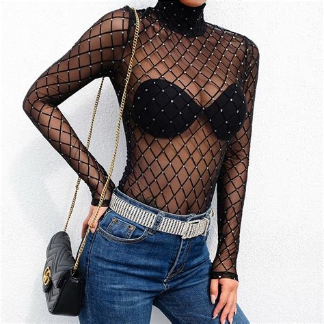 Women New Black Sheer Mesh Lace Jumpsuit Long Sleeve Top Turtleneck