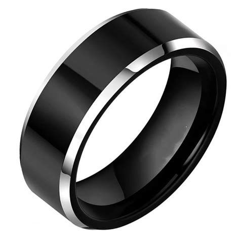 Bague Homme Anneau Noir Tungstene Bords Biseaute Personnalisable