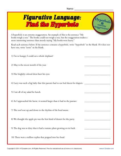 Figurative Language Find The Hyperbole Printable Worksheets