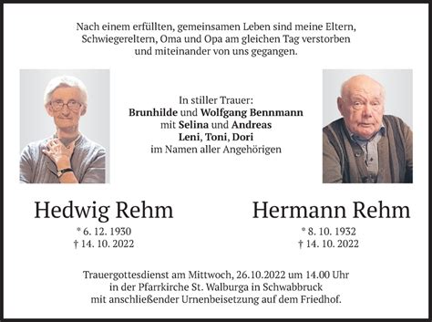 Traueranzeigen Von Hedwig Und Hermann Rehm Trauer Merkur De