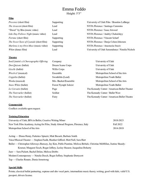 Emma Feddo Acting Resume Pdf Emma Feddo