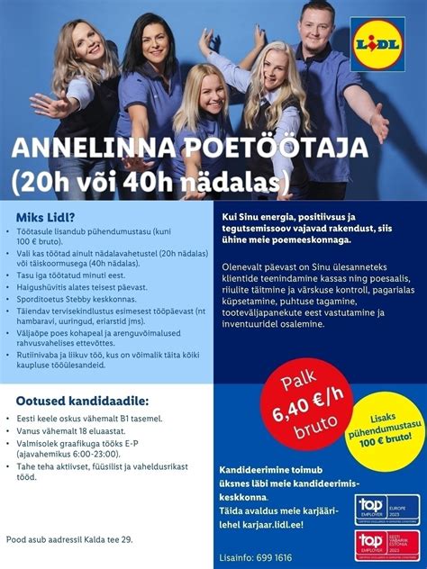 CV Keskus tööpakkumine Annelinna Lidli poetöötaja 20h või 40h nädalas