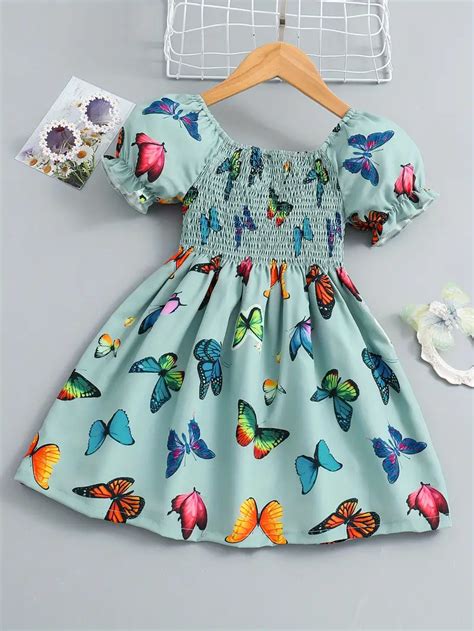 Girls Shirred Puff Sleeve Frill Trim Butterfly Pattern Party Temu Canada