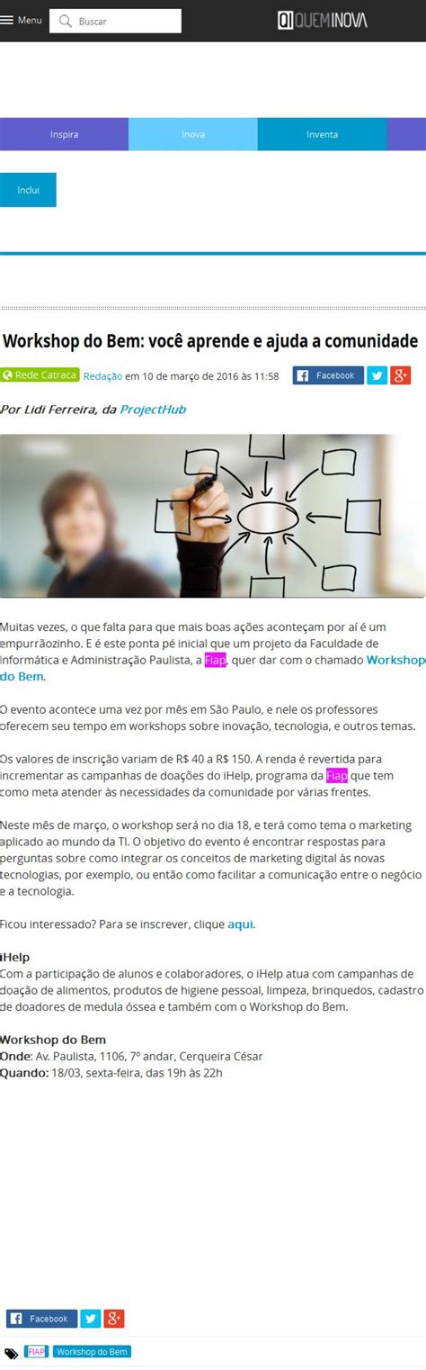 Site Quem Inova Catraca Livre Notícias WORKSHOP DO BEM VOCÊ APRENDE