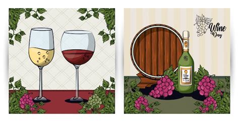 Copos de vinho e barril frutas uvas vector design ilustração