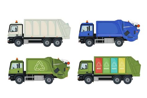 Set Of Garbage Truck Icons For Eco Waste Collection