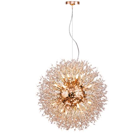 Lustre Pendente Dente de Leão Rose Gold Redondo Cristais 12E14 60cm