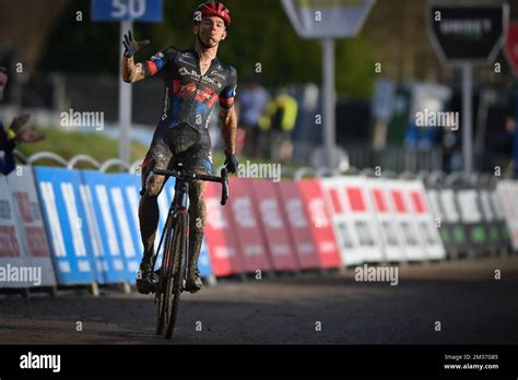 Belgian Thibau Nys Celebrates As He Crosses The Finish Line To Win The Mens Under 23 Race Of