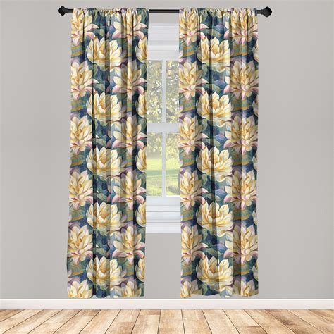 Floral Window Curtains Blossoming Lotus Flowers Watercolor Waterlily On Green And Navy Back