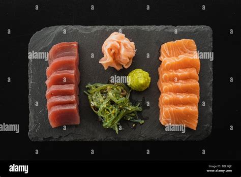 A Top View Of Assorted Japanese Sashimi On A Board Stock Photo Alamy