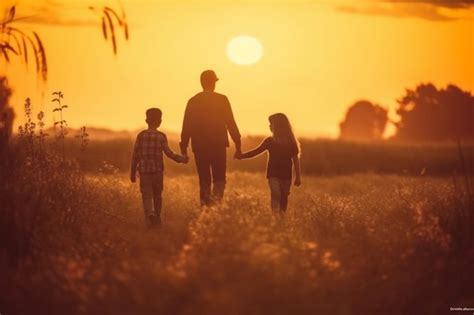 Una Familia Camina Por Un Campo Al Atardecer Foto Premium