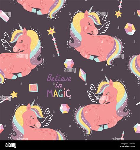 Seamless Pattern With Fairy Unicorns Vector Illustration For Your