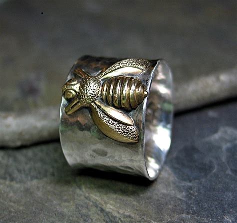 Bee Ring Wide Band Sterling Silver Bumblebee By Lavendercottage