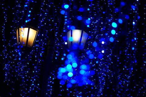 Garlands Lantern Blue Light Glowing Bokeh Others Hd Wallpaper