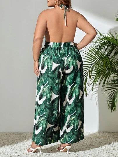 Shein Vcay Plus Tropical Print Wide Leg Jumpsuit