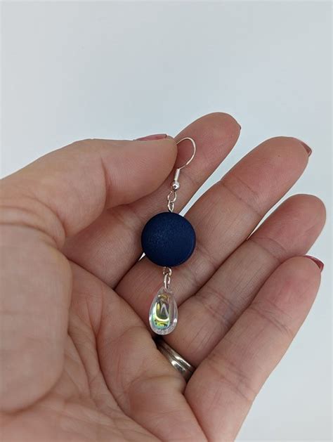 Oorbellen Blauw Houten Parelmoerkleurige Zilver Lang Charme Bijoux