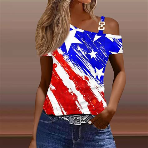 Tofotl American Flag Shirt Womens Fashion Casual Independence Day Print Sexy Off The Shoulder